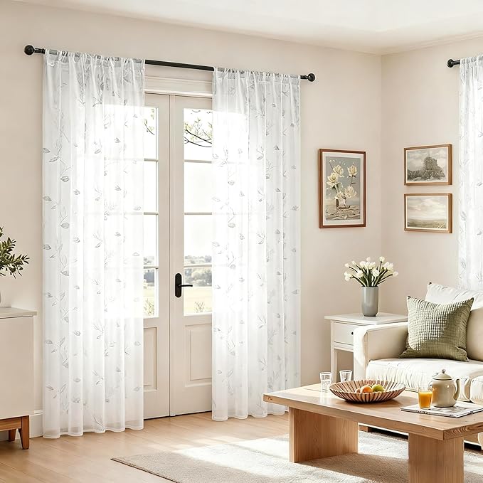 HOMEIDEAS White Sheer Curtains 52 X 84 Inches Long 2 Panels Embroidered Leaf Pattern Pocket Faux Linen Floral Semi Sheer Voile Window Curtains/Drapes for Bedroom Living Room