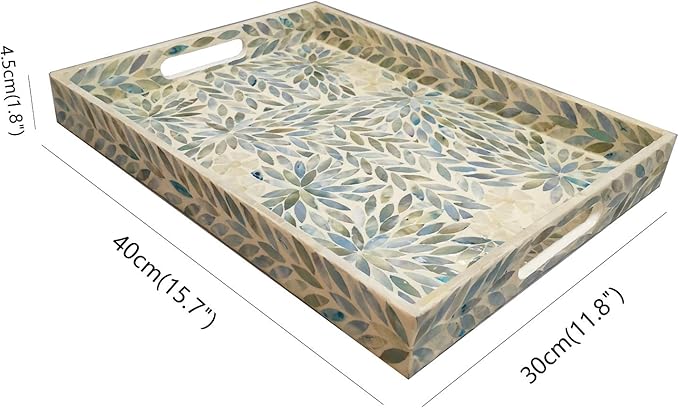 i-lan Creative Rectangular Mother of Pearl Severing Tray Lacquer Wooden Decorative Tray Handmade Shell Serving Tray with Handles and 2 Inch Side, Large Beige Blue Inlay Nacre Ottoman Tray (15.75")