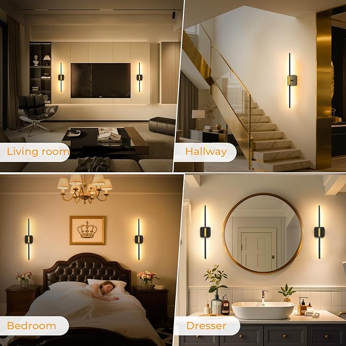 Battery Operated Wall Sconce Detachable 360°Rotate, Wireless Wall Lamp 3000-6500K Dimmable, 10000mAh Rechargeable Wall Light for Bedroom, Living Room，28" Black Gold (1 Pack)