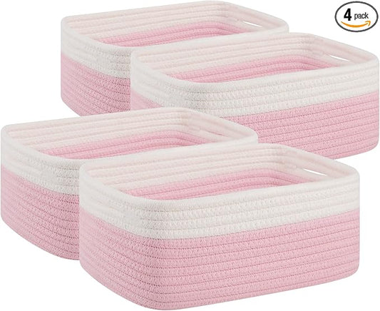 OIAHOMY 4 Pack Storage Baskets for Organizing, Small Bins for Shelves, Cute Decorative Storage Bins, Organizer Baskets for Gifts Empty, 13.8''Lx9.8''Wx5.5''H, Pink/White