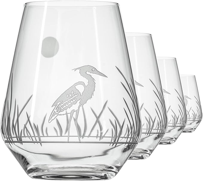 Rolf Glass Heron Stemless Wine Tumbler 18oz - Stemless Wine Glasses – Lead-Free Engraved Glass - Made in the USA (Set of 4)