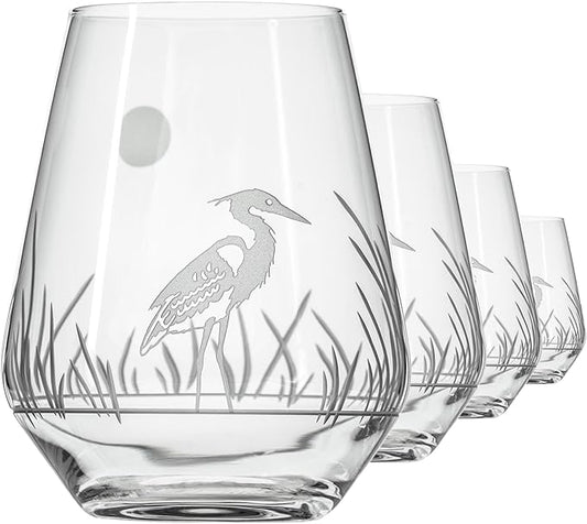 Rolf Glass Heron Stemless Wine Tumbler 18oz - Stemless Wine Glasses – Lead-Free Engraved Glass - Made in the USA (Set of 4)