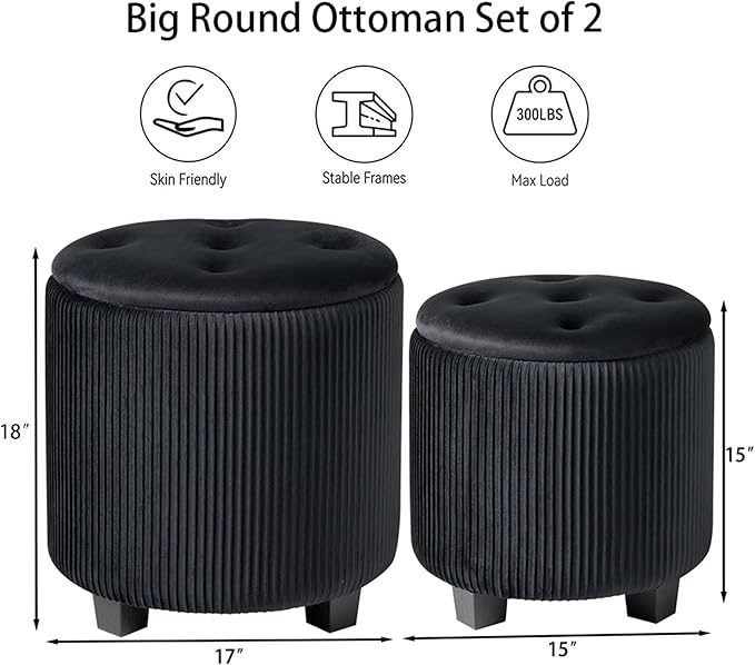 Big Round Ottoman with Storage Set of 2,Upholstered Velvet Vanity Stool for Makeup Multifunctional Foot Rest Coffee Table Padded Seat Tufted Ottomans for Living Room&Bedroom (Black)