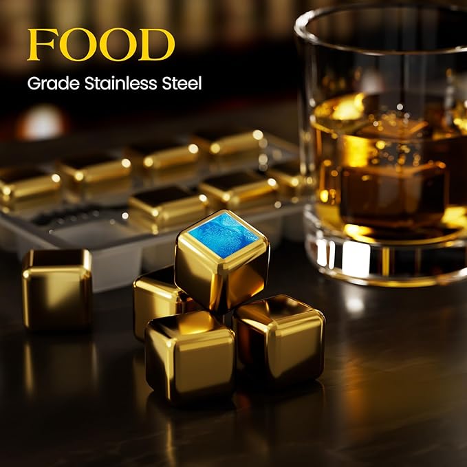 Kollea Whiskey Stones, 8-Pack Golden Stainless Steel Whiskey Chilling Rocks, Reusable Ice Cube for Drinking, Rum Cocktail Drink Accessories, Bartender Kit, House Warming Gifts New Home, Drinking Bar