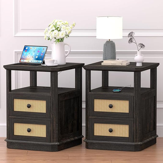 End Table Set of 2 with Charging Station, 24” Tall Sofa Side Table with Rattan Drawer, Anti-Collision Angle Wooden Night Stand for Living Room, Bedroom, Office.