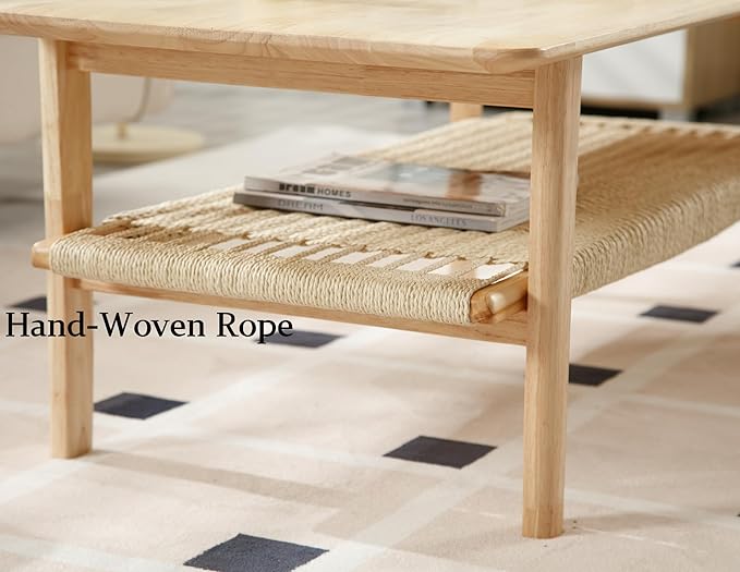 Farmhouse Coffee Table for Living Room 2-Tier Coffee Table with Natural Rattan Storage Shelf Large Rectangular Center Table for Living Room Reception, Natural Color