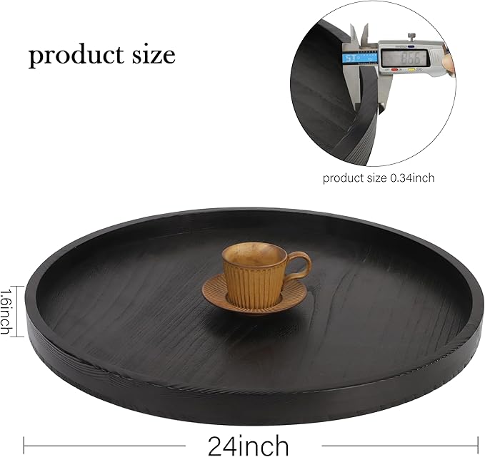 Round Ottoman Table Tray Round-24 - Rustic Wooden Serving Tray for Farmhouse Decorative Oversized Coffee Table Trays Living Room Kitchen Counter Breakfast Black