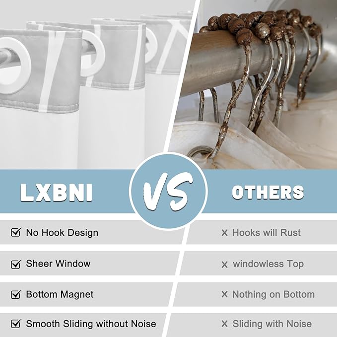 No Hook Ombre Grey Striped Long Shower Curtain with Snap in Liner Set - Hotel Shower Curtain and Liner Set with See Through Mesh Top Window,Machine Washable, 71x86 INCH