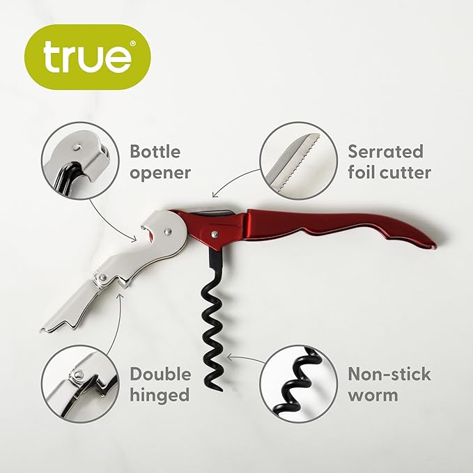 True Brands TrueTap Double Hinged Waiters Corkscrew, Top-notch Stainless Steel Opener with Foil Cutter Built to Last Wine Key Metallic Red, Set of 1 (Pack of 2)