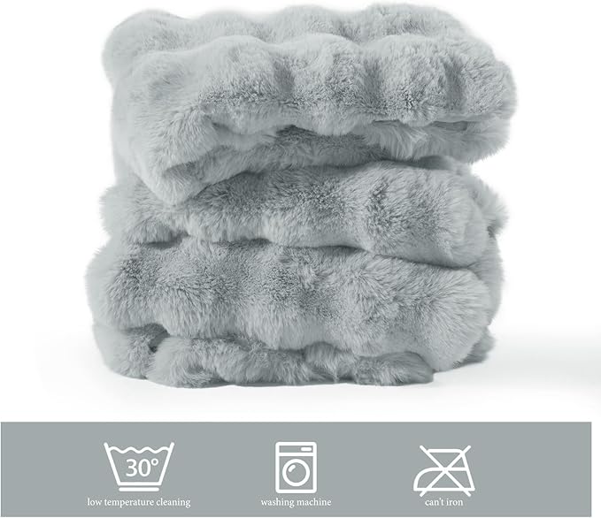 Touchat Luxury 1000GSM Faux Rabbit Fur Throw Blanket, Super Heavy Warm Cozy Grey Blankets for Couch Bed Sofa, Ruched Plush Fuzzy Elegant Soft Reversible Mink Blanket for Living Room Bedroom