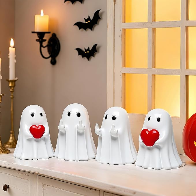Halloween Ghost Figurine Decor - 2Packs Funny Middle Finger & Heart Hallowen Statue, Cute Spooky Ghosts Figurine Hallowee Decoration for Gift Props Tabletop Home Decor New Year's Gifts