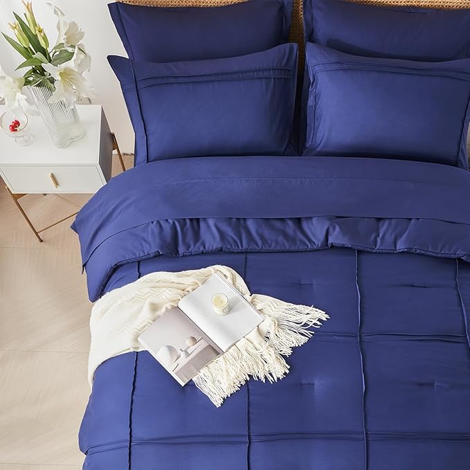 Yogeneg King Size Comforter Set 7 Piece Bed in a Bag,Grid Pinch Pleat Navy Blue Bedding Set,Striped Textured Soft Microfiber Comforter with Sheet Set,All Season Complete Bed Set(Navy Blue,King)