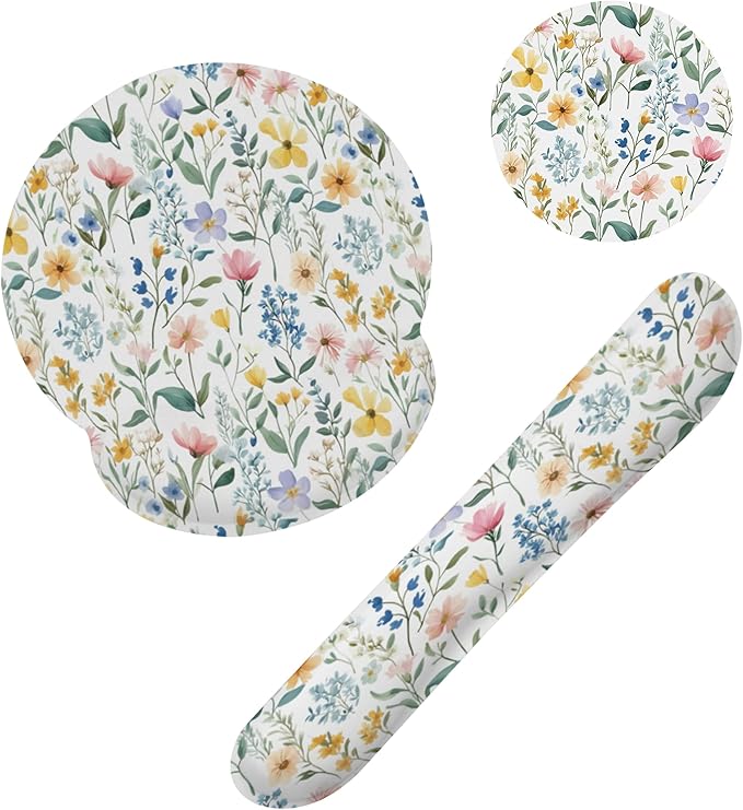 Wildflowers Leaves Mouse Pad with Wrist Rest and Keyboard Wrist Rest Set, Spring Colorful Flowers Non-Slip Rubber Base Memory Foam Mouse Pad Set for Women, Office Desk Accessories, Gaming