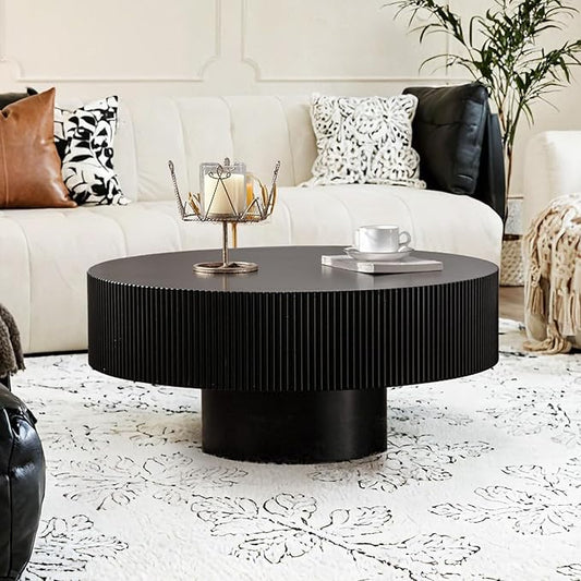 Modern Wood Coffee Table - Handcraft Drum Coffee Tables with Sturdy Base, Easy Assembly, Contemporary Style Small Coffee Table Tea Table for Living Room, Bedroom, Office (Black Thick)