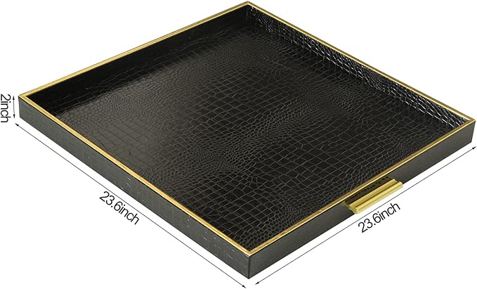 HofferRuffer Extra Large Square Serving Tray, Elegant Faux Leather Ottoman Tray with Gold Hardware Handles, Serve Tea, Coffee or Breakfast in Bed, 24 x 24 inches (Black Croco)