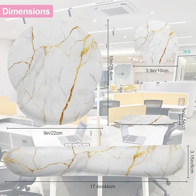 White Gold Flowing Marble Mouse Pad with Wrist Rest and Keyboard Wrist Rest Set, Non-Slip Rubber Base Memory Foam Mouse Pad Set for Women, Office Desk Accessories, Gaming