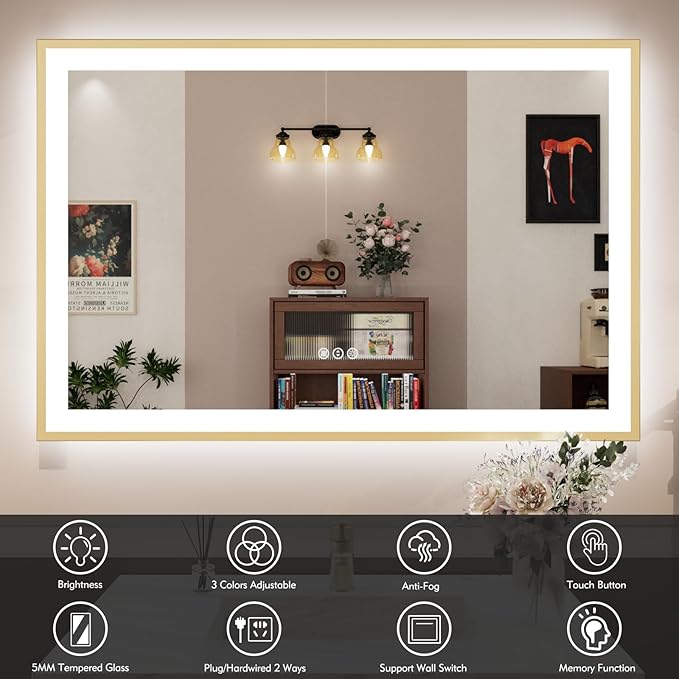 48x32 LED Mirror for Bathroom with Gold Frame, Backlit and Front Lighted Bathroom Mirrors for Wall, Stepless Dimmable Vanity Mirror with Lights, Anti-Fog, Memory,Shatterproof