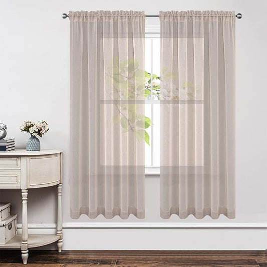 Joydeco Linen Sheer Curtains 72 Inch Length 2 Panels Set, Rod Pocket Long Sheer Curtains for Window Bedroom Living Room, Lightweight Semi Drape Panels for Yard Patio (54x72 inch, Linen)