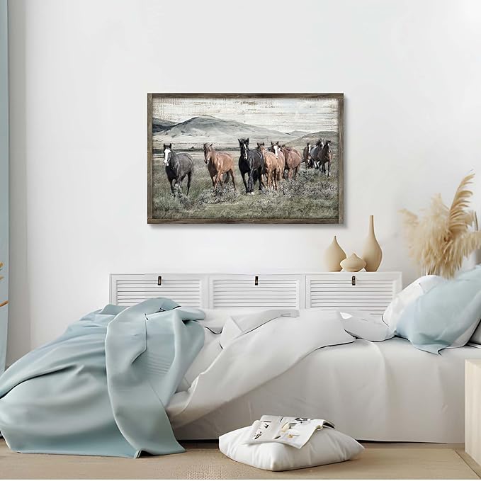 Horse Wall Art Framed Picture: Wild Animal Wooden Print Decor Large Wildlife Painting Artwork for Farmhouse Bedroom Living Room