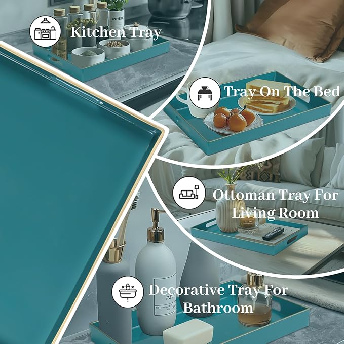 MAONAME Teal Serving Tray with Handles, Modern Decorative Tray for Coffee Table, Plastic Rectangular Trays for Ottoman, Bathroom, Decor, 15.8” x 10.2” x1.4