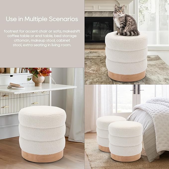 COLAMY Sherpa Ottoman Footstool, Tufted Modern Foot Rest Stool with Wood Base for Living Room, Bedroom, Desk, Round Versatile Side End Table, Pouf, Makeup Seat,2pcs,Cream