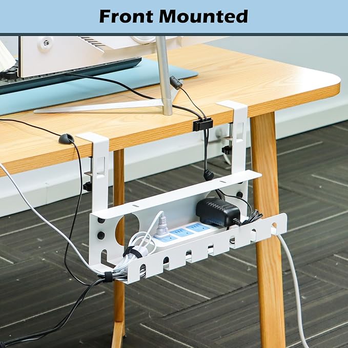 Under Desk Cable Management Tray 2 Pack White, No Drill Cord Organizer with Clamp for Wire Management, Home & Office Accessories