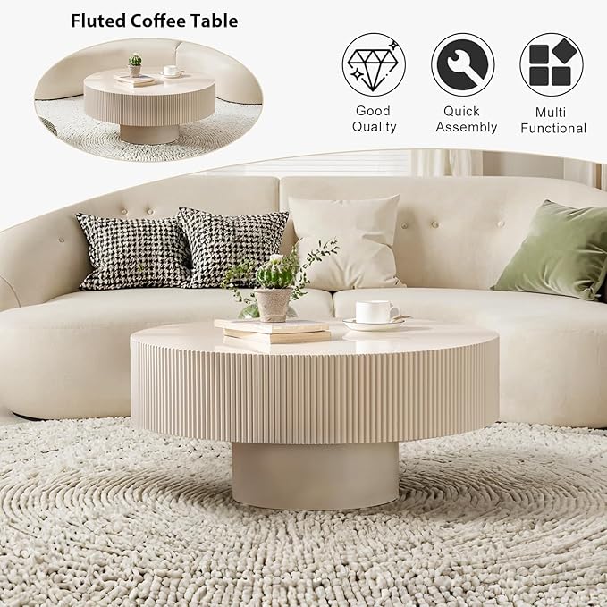 Round Fluted Coffee Table Mid Century Modern Coffee Tables with Handcrafted Relief Circle Drum End Table Rustic Industrial Center Tables for Apartment Living Room (White Round Thick)