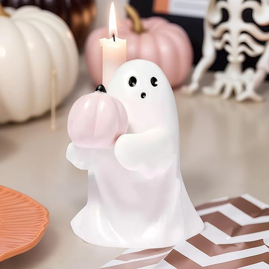 Halloween Cute Ghost Figurine with Pink Pumpkin– Resin Mini Statue, Romantic Shelf & Desk Decor, Halloween or Valentine’s Day Gift for Home, Office, and Friends