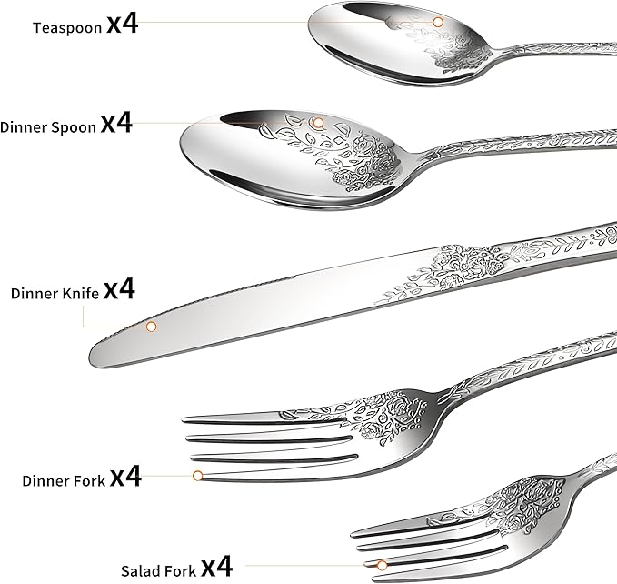 Floral 20 Pcs Silverware Set for 4, Food Grade Stainless Steel Flatware Set with Rose Flower Embossed Design, Eating Utensils Sets Include Fork/Knife/Spoon, Reusable Cutlery Set, Dishwasher Safe