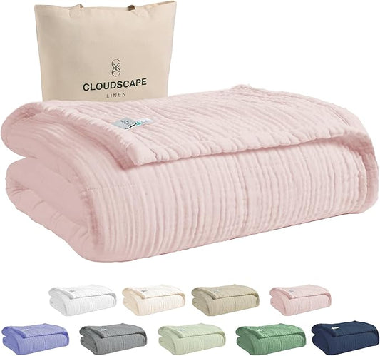 Cloud Scape Linen Extra Large 4 Layer Muslin Throw Blanket - 100% Cotton Gauze, Lightweight & Breathable All Season, Pre-Washed, for Couch & Bed, 50x70, Seashell Pink