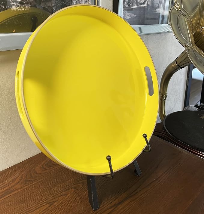 Zosenley Decorative Tray, Round Plastic Tray with Handles, Modern Vanity Tray and Serving Tray for Ottoman, Coffee Table, Kitchen and Bathroom, Size 13” (Yellow)