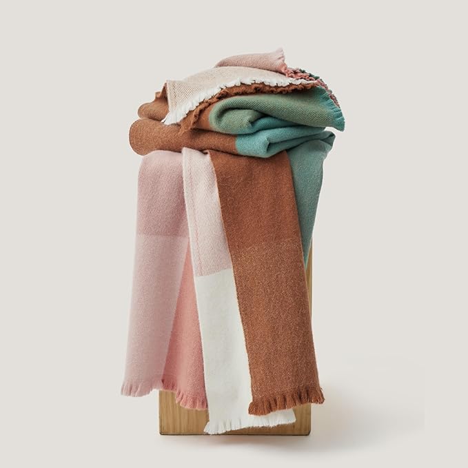 Double Stitch Alpaca Wool Throw Blanket - Warm, Soft Blanket for Couch, Luxury & Decorative Fleece Throw, Fall Plaid, Gift for Mother's Day, House Warming, 50" x 60", Harvest Multi