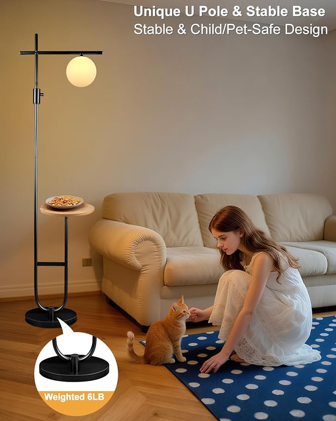 Lightdot 66IN Black Dimmable Floor Lamps with Storage Table, Modern Standing Tall Lamp with Milky White Globe Lampshade, Cross-Shaped Lamp Head and U-Pole Base Style for Living Room/Bedroom/Office