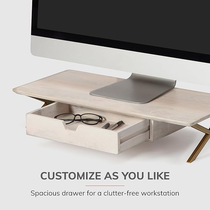 Anji Mountain Monitor Stand - Desktop Organizer & Laptop Riser, Ergonomic Monitor Riser, Space-Saving Monitor Stand for Desk, Durable Construction, Easy Assembly, Ideal for Home & Office,White Wash