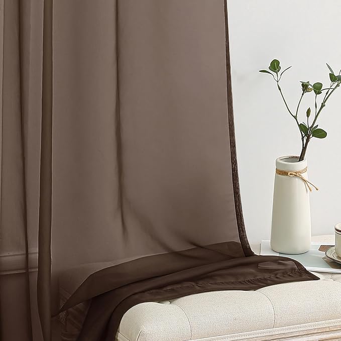 MIULEE Short Chocolate Brown Sheer Curtains 54 Inches Long, Light Filtering Voile Drapes with Rod Pocket for Bathroom Windows, Small Window Treatments, 2 Panels Set
