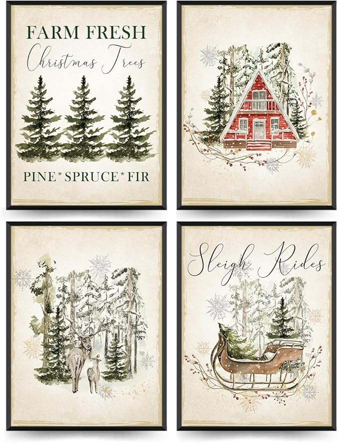 ETVISO Vintage Christmas Wall Art Prints Set of 4, Retro Christmas Trees Poster, Winter Holidays Gift Print Decor for Gallery, Living Room, Bathroom, 12x16 (Unframed)