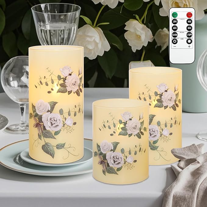 Flameless Candles with Remote & Timer, Love Theme Battery Operated Flickering Glass Rose LED Candles, Bedroom Home Christmas Summer Decor Table Ornament, Set of 3