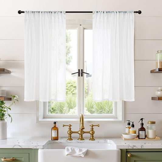 BGment 45 Inch Length White Linen Curtains for Short Window - Rod Pocket Small Semi Sheer Drapes Light Filtering for Cafe Kitchen Bedroom Lightweight Natural Rustic, 2 Panels Set, 30 X 45 Inch