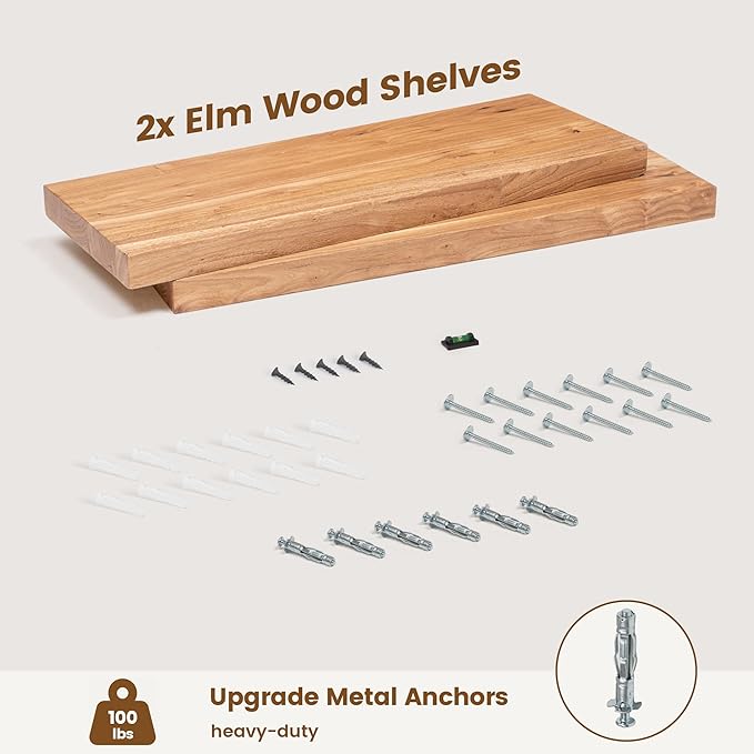 Rustic Elm Wood Floating Shelves for Wall, Flat Edge 24"W x 9.2"D x 1.4"H, Set of 2 with Invisible Bracket, Wall Mounted Storage Shelves for Living Room Bedroom Kitchen Bathroom Decor, Natural Finish