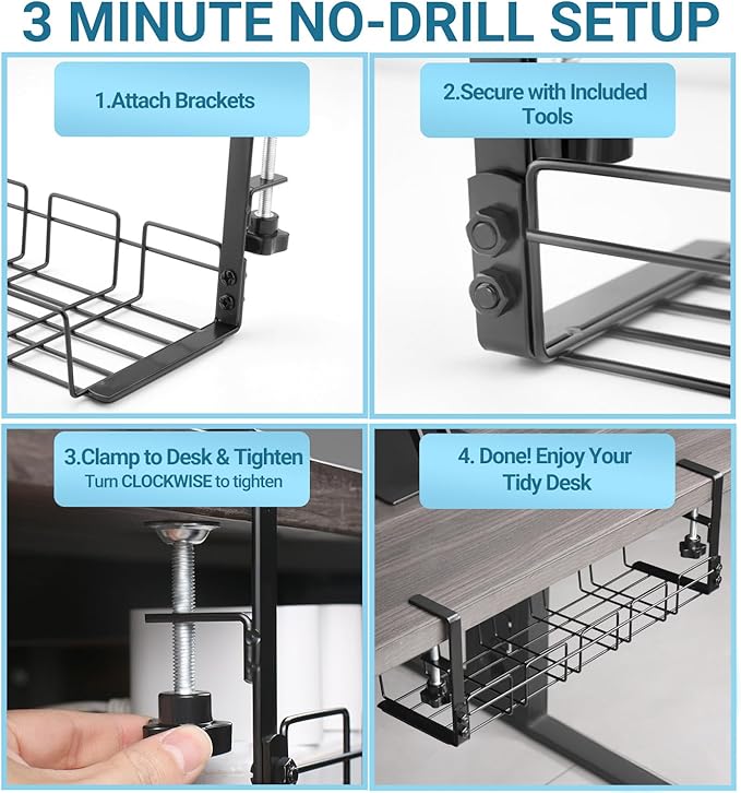 Under Desk Cable Management Tray, 15.7'' Metal Wire Organizer with Clamp, No Drill Desk Cord Rack for Cable Management, Computer Wire Organizer for Office and Home – Sturdy & Scratch-Free