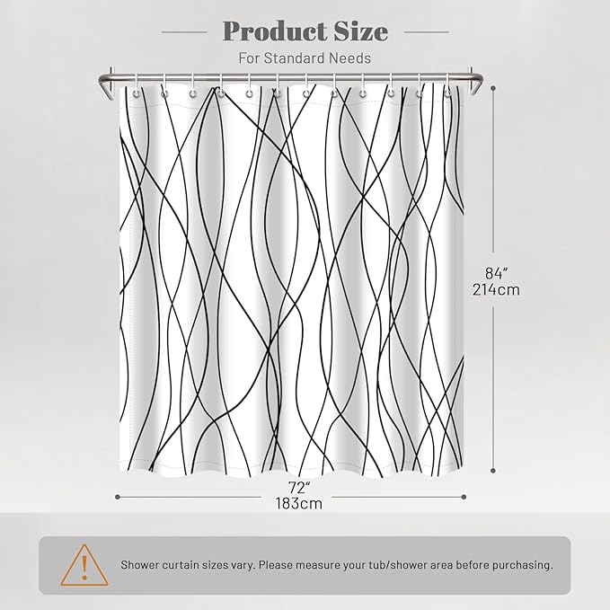 Punkray Black and White Striped Wavy Line Polyester Shower Curtain for Bathroom, Extra Long 84 Inches, Weighted Hem, Waterproof Bath Accessories - Machine Washable
