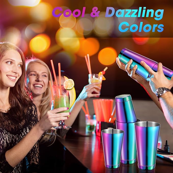 Lallisa 10 Pieces Cocktail Shakers Professional Bar Boston Shaker Set Stainless Steel Martini Shaker Drink Mixer Basic Tools Weighted Shake Metal Can for Bartenders, 18 Oz, 28 oz(Rainbow)