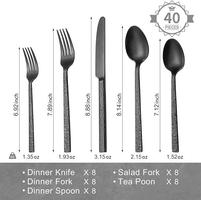 KINGSTONE 40 Pcs Black Hammered Silverware Set for 8, 18/10 Stainless Steel Heavy Duty Flatware Set, Tableware Cutlery Utensil Sets for Home Restaurant Dishwasher Safe