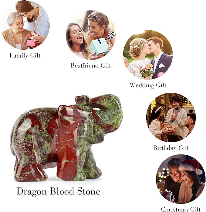 SMQ Dragon Bloodstone Crystal Elephant Statue,Hand Carved Quartz Gemstone Healing Elephant Stone Animal Carvings Figurine Crafts Decor Gifts