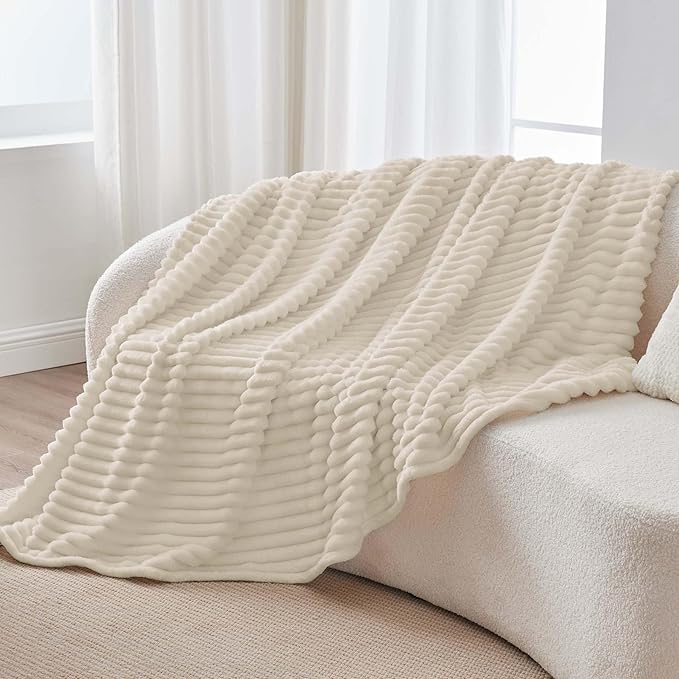 BEDELITE Twin Blanket for Couch & Bed, 300GSM Soft & Warm Fleece Blanket, Decorative and Giftable Striped Beige Blankets for Women, Men, 60"x80"