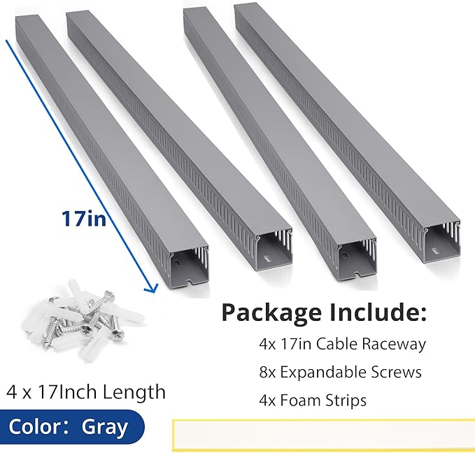 68in (4X L17in) Professional Server Rack Cable Management Raceway, H2.4 x W2in Large Capacity Cable Raceway Kit, Electrically Safe PVC, Open Slot Wire Raceway for Under Desk/Computer/Network Cords