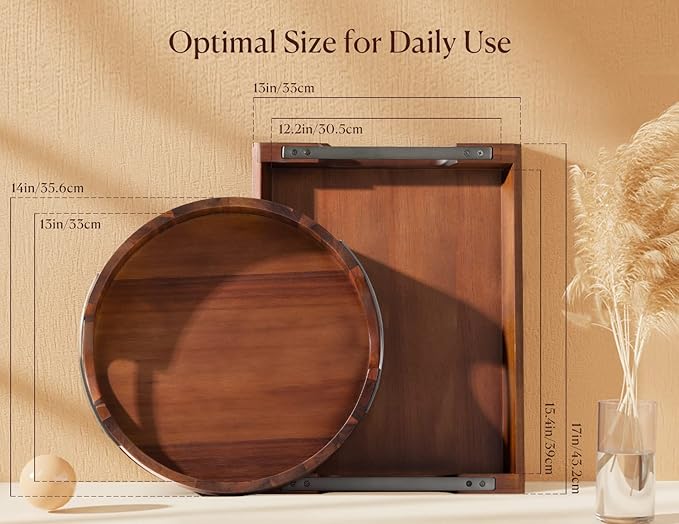 Acacia Wood Serving Tray with Metal Handles, 17x13in Food Drinks Tray for Coffee Table, Breakfast, Dinner & Bar, Rustic Decorative Storage Tray for Ottoman, Kitchen, Bedroom Gift Packaging