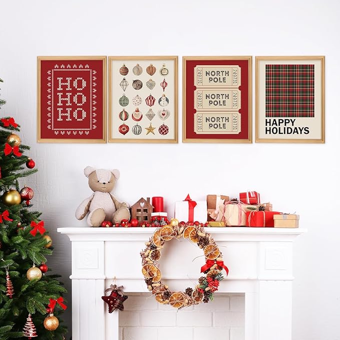 Wheatwin Christmas Wall Art Prints Set of 4, Trendy North Pole Wall Posters Aesthetic, Happy Holidays Winter Xmas Decor for Farmhouse Living Room Bedroom, 8x10 (Unframed)