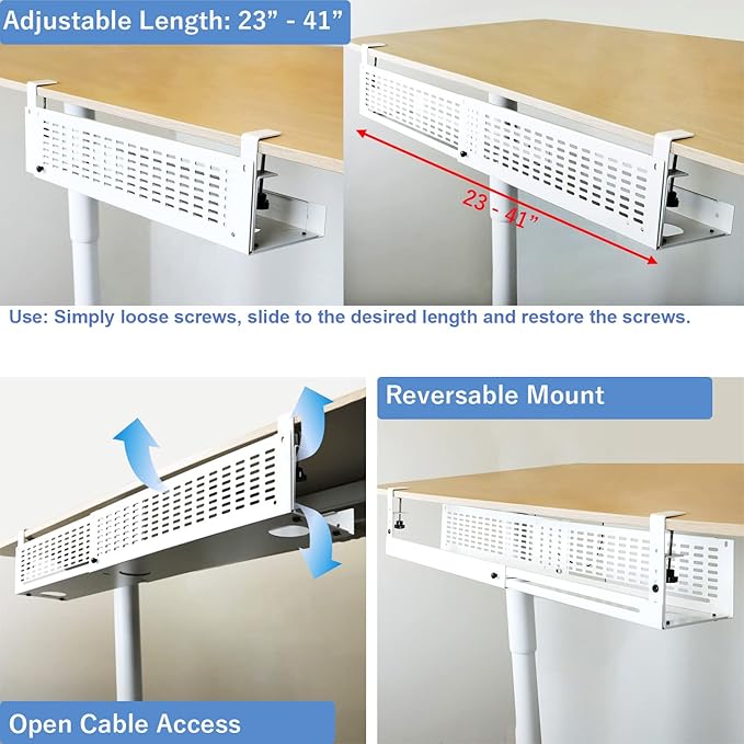 AEONS Under Desk Cable Management Tray Kit - Horizontal Adjustable up tp 41” Desk Organizer Removable C Clamp Mount Reversiable Computer Cord Raceway and Modesty Panel for Large Table, White/Beige