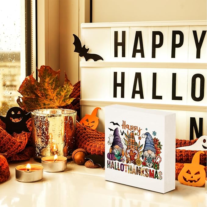 Happy HallowThanks Fall Desk Gnome Rustic Wooden Box Thanksgiving Gnome Decorations for Home Pumpkin Decor Halloween Christmas Farmhouse Harvest Autumn Wood Sign for Shelf Tiered Tray